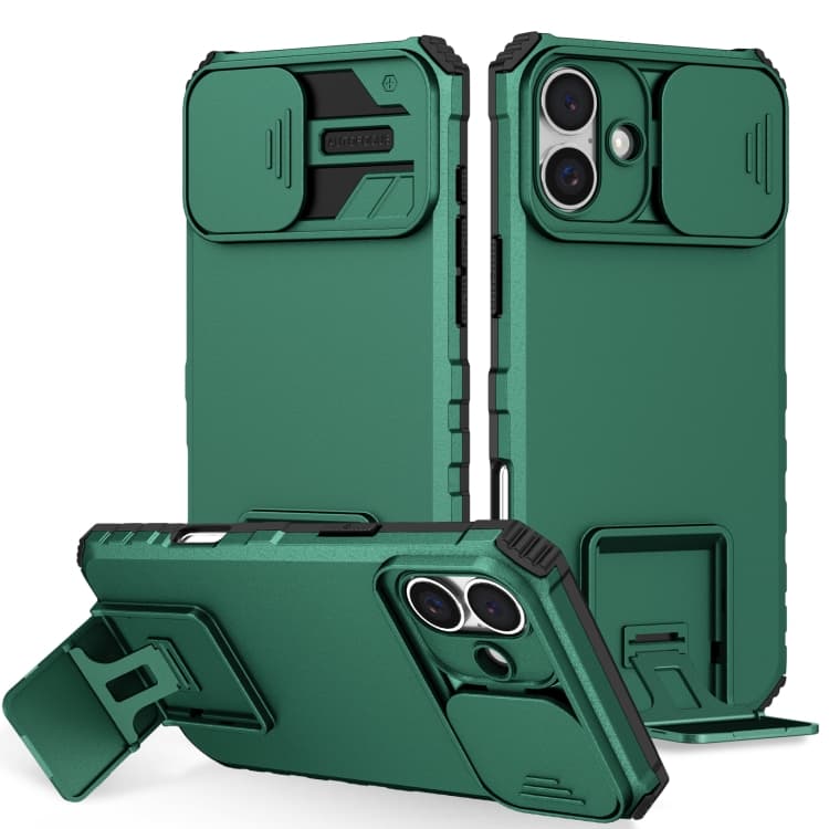 For iPhone 16 Stereoscopic Holder Sliding Camshield Phone Case(Green) - Immagine 1
