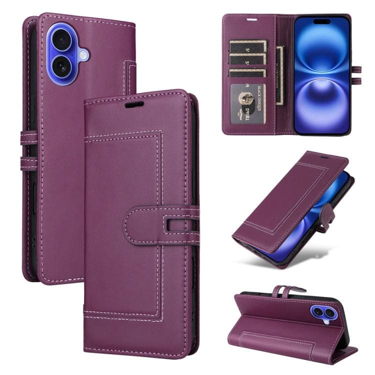 For iPhone 16 Stitched Magnetic Buckle Leather Phone Case(Purple) - Immagine 1