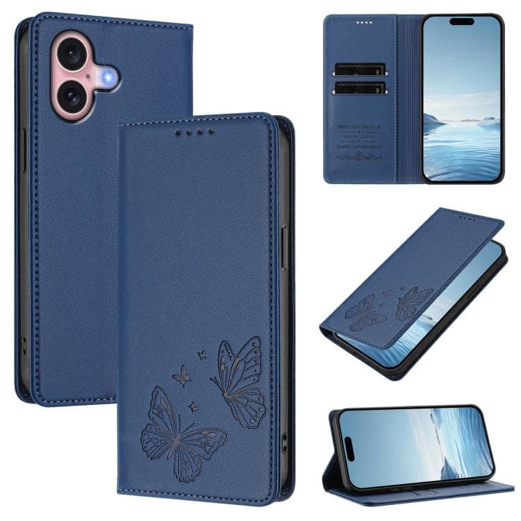 For iPhone 16 Strong Magnetic Dual Butterfly RFID Vegan Leather Phone Case(Dark Blue) - Immagine 1