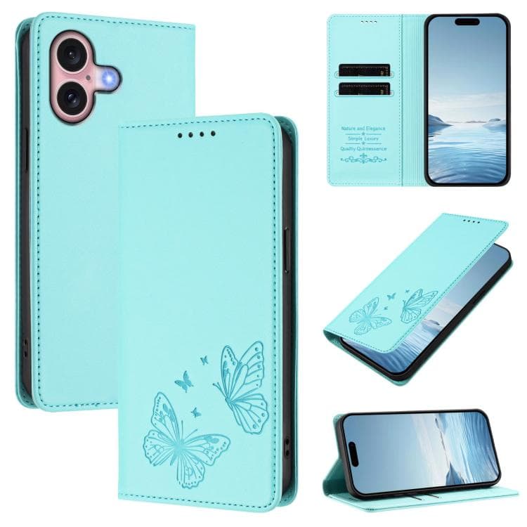For iPhone 16 Strong Magnetic Dual Butterfly RFID Vegan Leather Phone Case(Mint Green) - Immagine 1