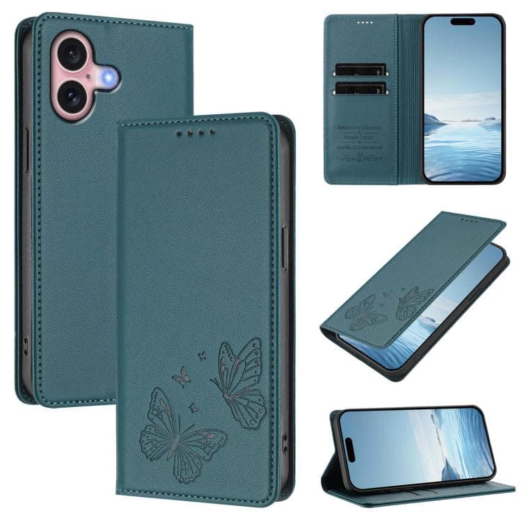 For iPhone 16 Strong Magnetic Dual Butterfly RFID Vegan Leather Phone Case(Peacock Green) - Immagine 1
