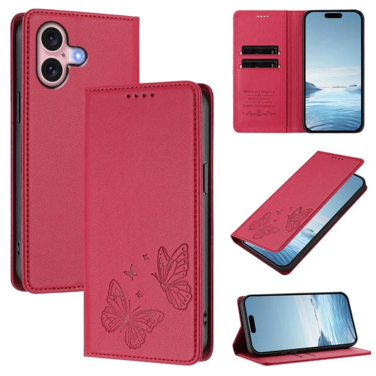 For iPhone 16 Strong Magnetic Dual Butterfly RFID Vegan Leather Phone Case(Red) - Immagine 1