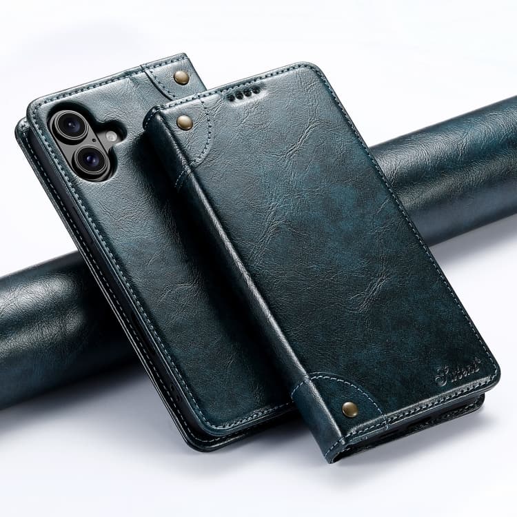 For iPhone 16 Suteni Baroque Calf Texture Buckle Wallet Leather Phone Case(Blue) - Immagine 1