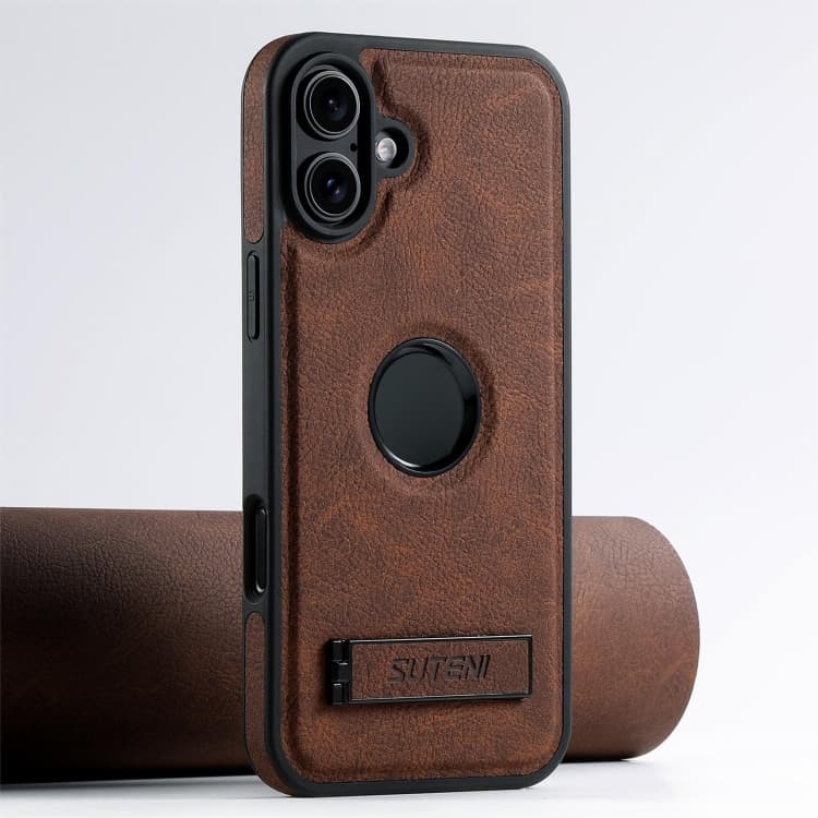 For iPhone 16 Suteni G2 Magsafe Litchi Texture Leather Back Phone Case with Holder(Brown) - Immagine 1