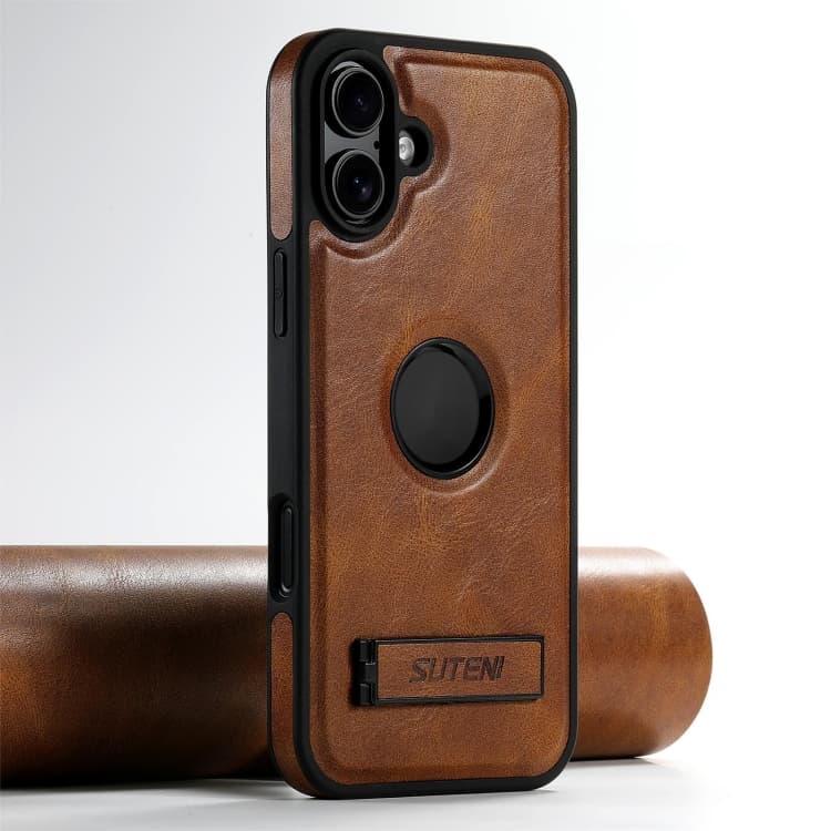 For iPhone 16 Suteni G2 Magsafe Oil Wax Leather Back Phone Case with Holder(Brown) - Immagine 1