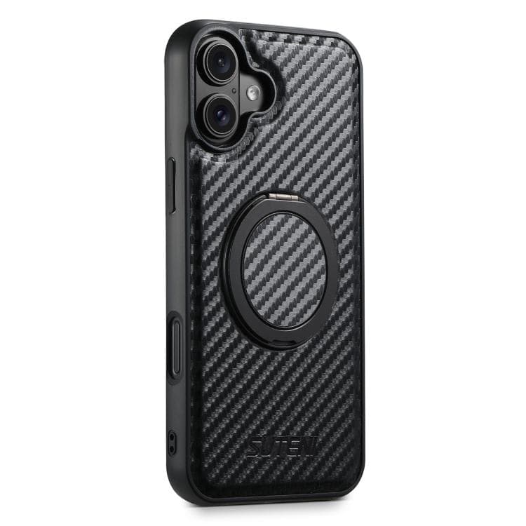 For iPhone 16 Suteni G3 Carbon Fiber Leather 360 Rotation Holder MagSafe Phone Case(Black) - Immagine 1