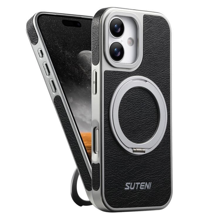 For iPhone 16 Suteni G6 Crazy Horse Texture Electroplated 360 Rotation Holder Magnetic Phone Case(Black) - Immagine 1