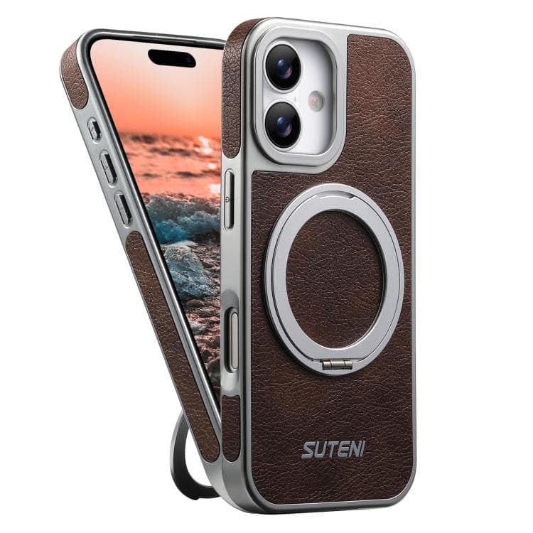 For iPhone 16 Suteni G6 Crazy Horse Texture Electroplated 360 Rotation Holder Magnetic Phone Case(Brown) - Immagine 1