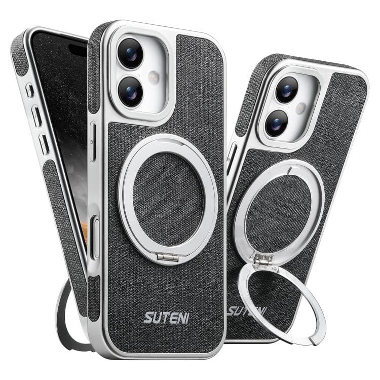 For iPhone 16 Suteni G6 Denim Pattern Electroplated 360 Rotation Holder Magnetic Phone Case(Black) - Immagine 1