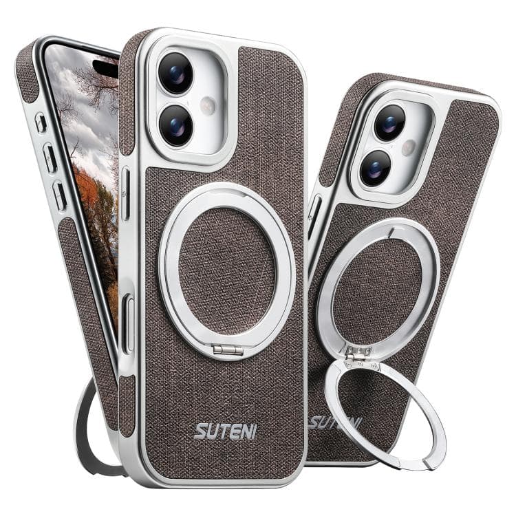 For iPhone 16 Suteni G6 Denim Pattern Electroplated 360 Rotation Holder Magnetic Phone Case(Brown) - Immagine 1