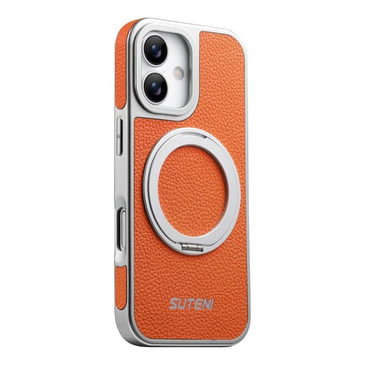 For iPhone 16 Suteni G6 Large Litchi Texture Electroplated 360 Rotation Holder Magnetic Phone Case(Orange) - Immagine 1