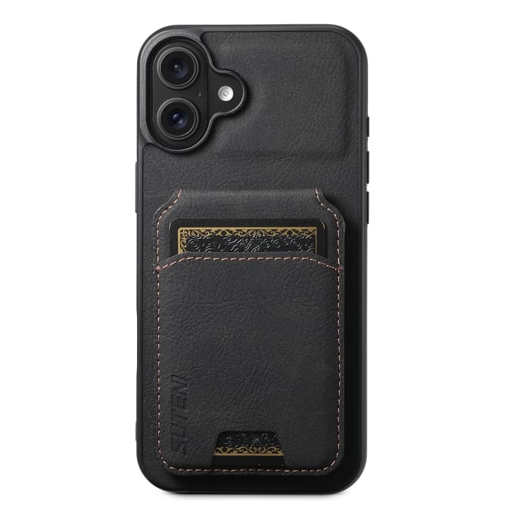 For iPhone 16 Suteni H02 Litchi Leather Card Wallet Stand Back Phone Case(Black) - Immagine 1