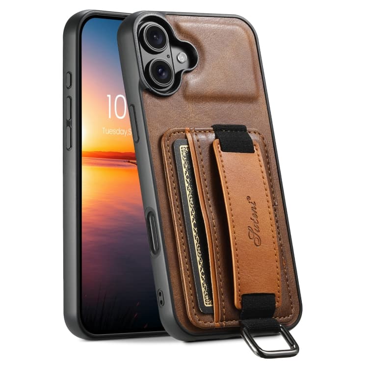 For iPhone 16 Suteni H13 Card Wallet Wrist Strap Holder PU Phone Case(Brown) - Immagine 1