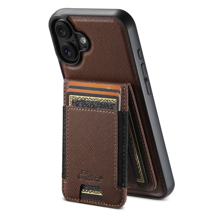 For iPhone 16 Suteni H17 Cross Grain Leather MagSafe Detachable Wallet Phone Case(Brown) - Immagine 1