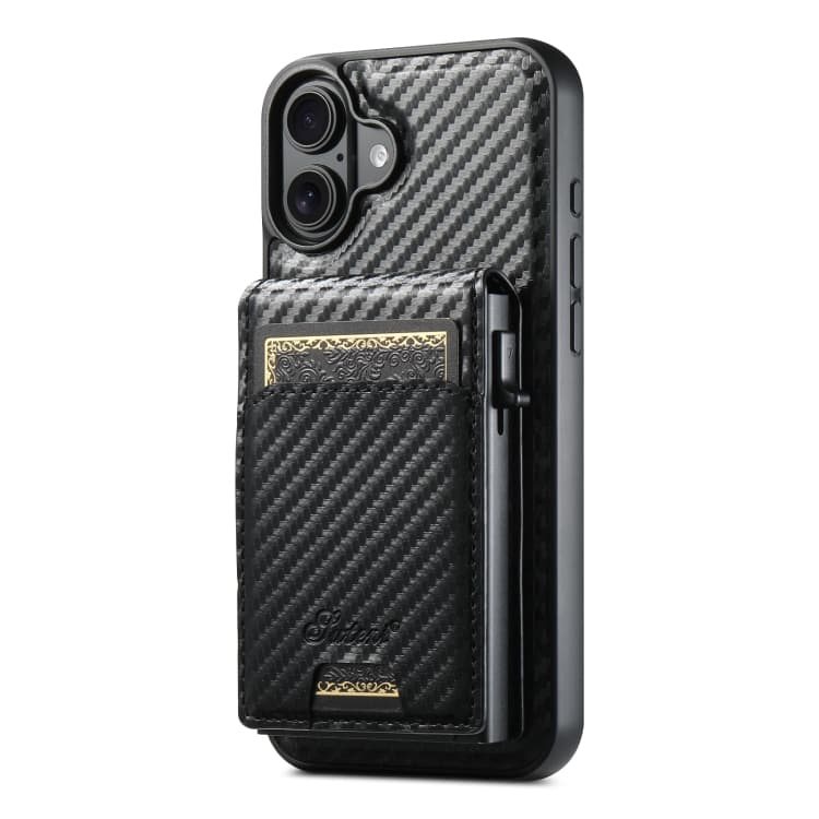 For iPhone 16 Suteni H19 Carbon Fiber Grain 2-in-1 MagSafe Removable Card Box Back Phone Case(Black) - Immagine 1