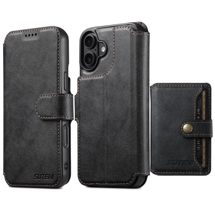 For iPhone 16 Suteni Q05S1 3-in-1 Detachable Wallet MagSafe Leather Phone Case(Black) - Immagine 1