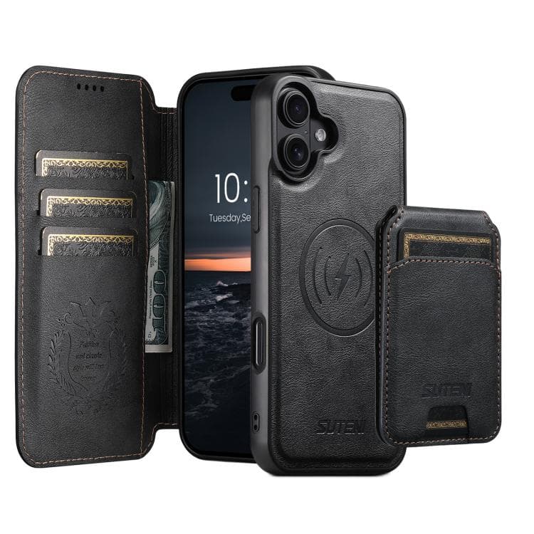 For iPhone 16 Suteni Q05S2 3-in-1 Detachable Vertical Flip Wallet MagSafe Leather Phone Case(Black) - Immagine 1