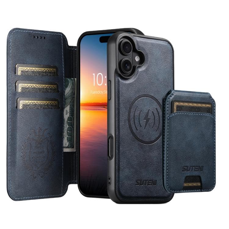 For iPhone 16 Suteni Q05S2 3-in-1 Detachable Vertical Flip Wallet MagSafe Leather Phone Case(Blue) - Immagine 1