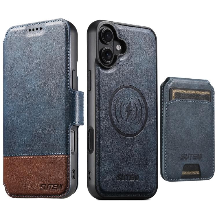 For iPhone 16 Suteni Q06S2 3-in-1 Detachable Vertical Flip Wallet MagSafe Splicing Leather Phone Case(Blue) - Immagine 1