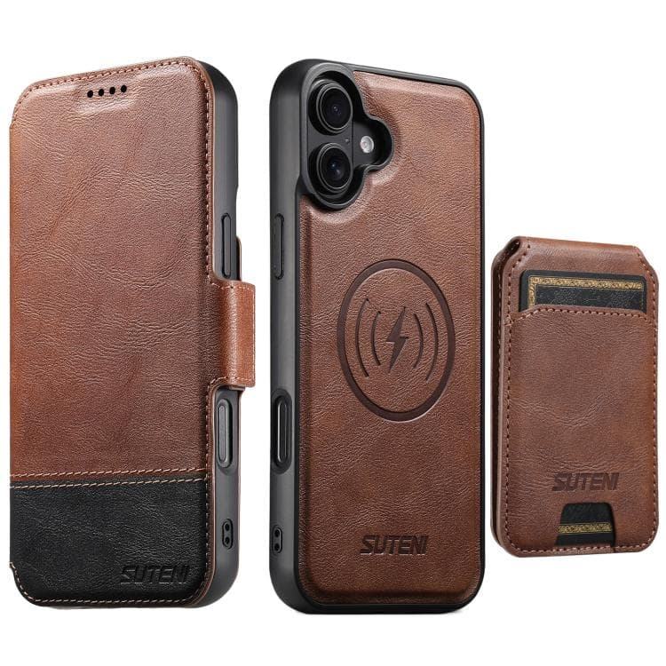 For iPhone 16 Suteni Q06S2 3-in-1 Detachable Vertical Flip Wallet MagSafe Splicing Leather Phone Case(Brown) - Immagine 1