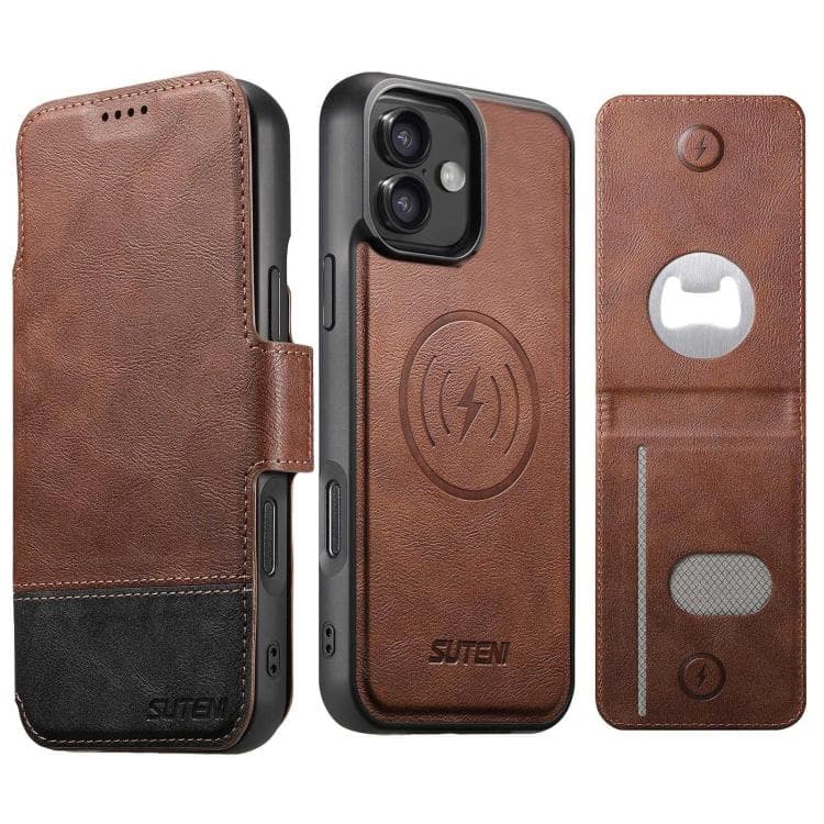 For iPhone 16 Suteni Q06S5 3-in-1 Detachable Bottle Opener Card Bag Magnetic Top-Bottom Spliced Vegan Leather Phone Case(Brown) - Immagine 1
