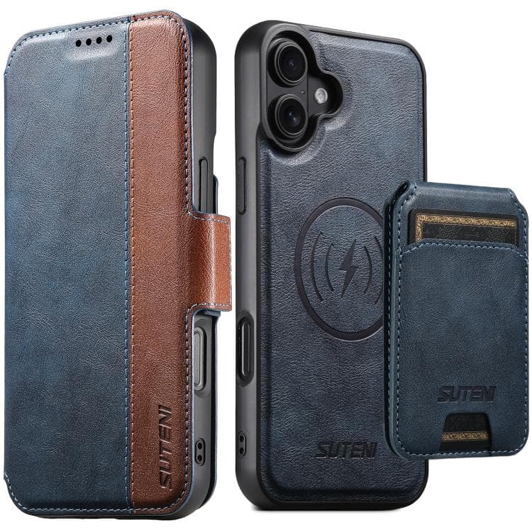 For iPhone 16 Suteni Q07S2 3-in-1 Detachable Vertical Flip Wallet MagSafe Splicing Leather Phone Case(Blue) - Immagine 1