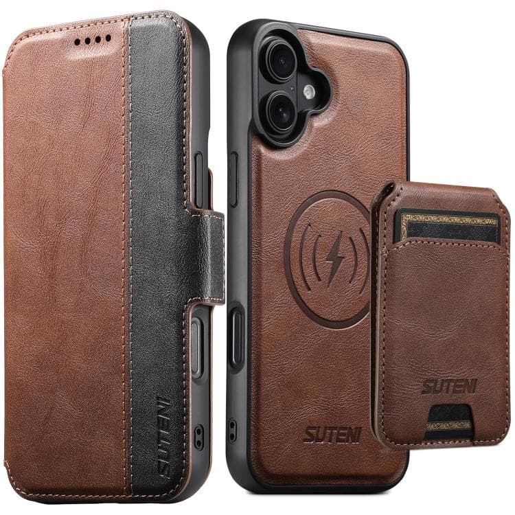 For iPhone 16 Suteni Q07S2 3-in-1 Detachable Vertical Flip Wallet MagSafe Splicing Leather Phone Case(Brown) - Immagine 1