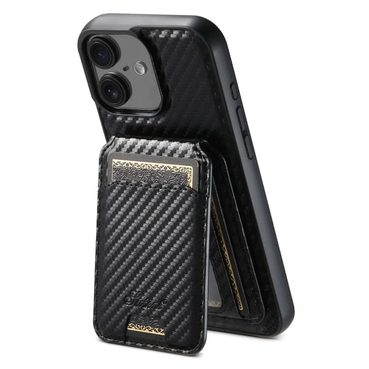 For iPhone 16 Suteni TXWH18 Carbon Fiber Texture Detachable Wallet MagSafe Phone Case(Black) - Immagine 1