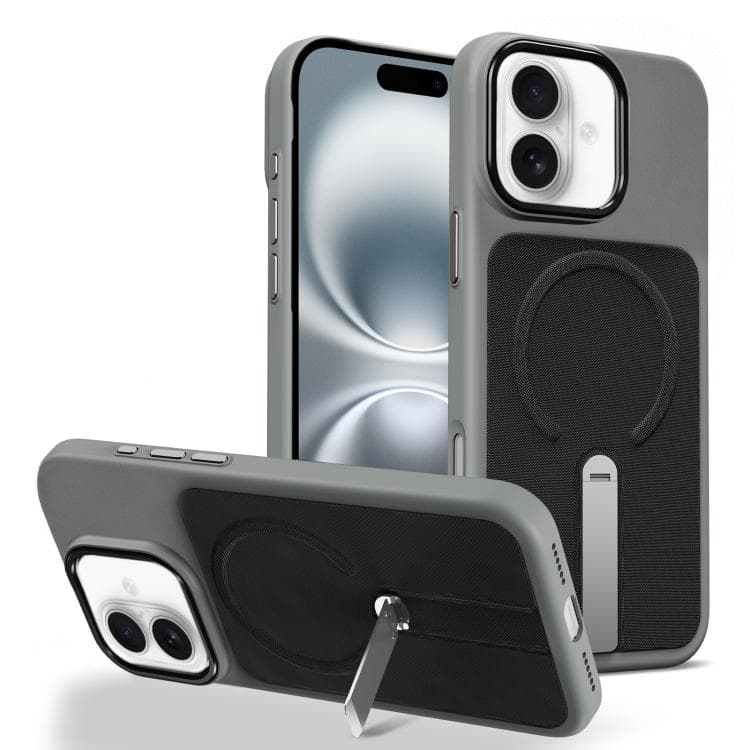 For iPhone 16 Tech Fabric Rotating Stand Magnetic Phone Case(Grey) - Immagine 1