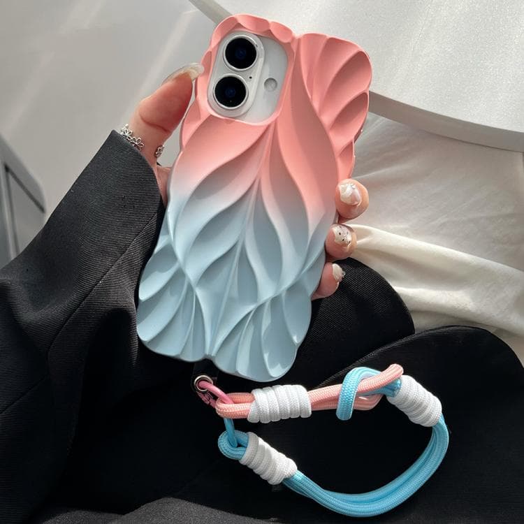 For iPhone 16 Thickened 3D Leaf Pattern Two-Color Oil-Sprayed TPU Phone Case with Strap(Pink Blue) - Immagine 1