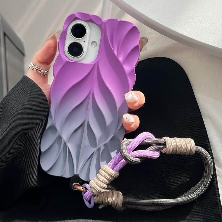 For iPhone 16 Thickened 3D Leaf Pattern Two-Color Oil-Sprayed TPU Phone Case with Strap(Purple Grey) - Immagine 1
