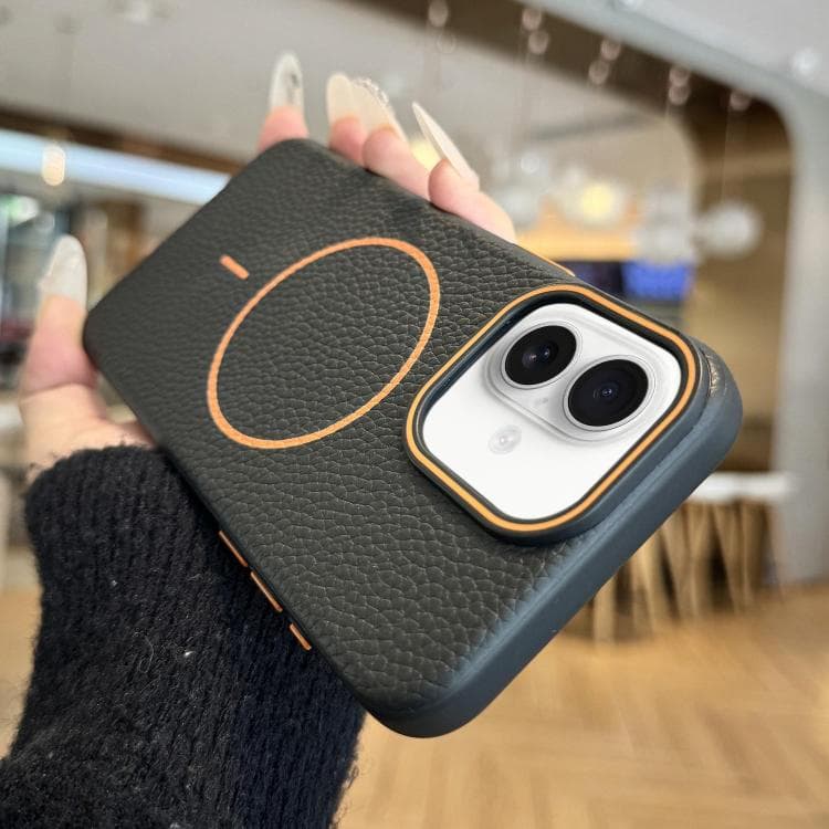 For iPhone 16 Thin Circle MagSafe Litchi Grain TPU Phone Case(Black) - Immagine 1