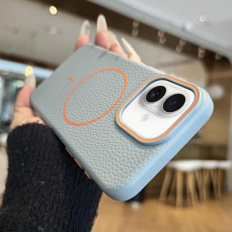 For iPhone 16 Thin Circle MagSafe Litchi Grain TPU Phone Case(Blue) - Immagine 1