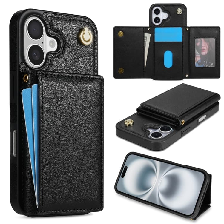 For iPhone 16 Three Fold Card Bag Phone Case with Long Lanyard(Black) - Immagine 1