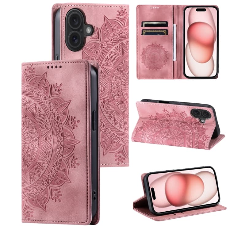 For iPhone 16 Totem Embossed Magnetic Leather Phone Case(Rose Gold) - Immagine 1