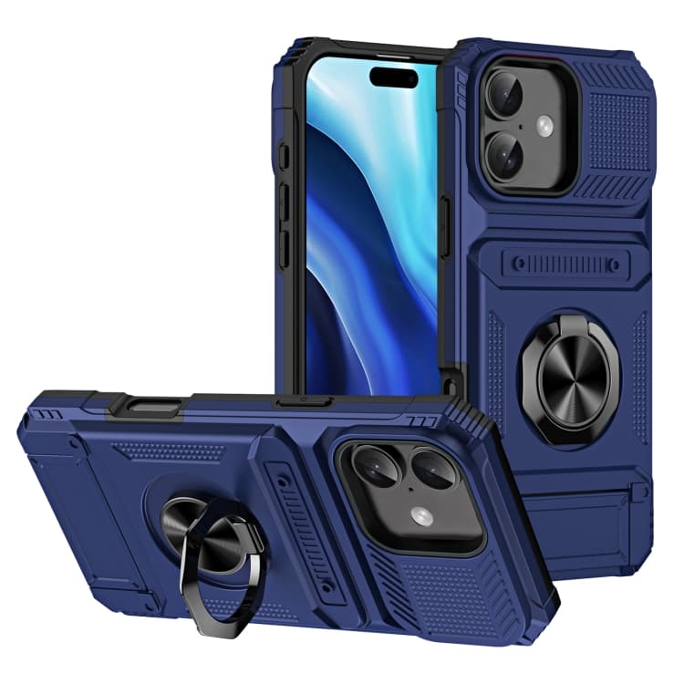 For iPhone 16 TPU+PC Shockproof Card Phone Case with Metal Ring Holder(Blue) - Immagine 1
