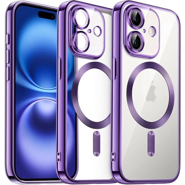 For iPhone 16 Transparent Electroplated Magsafe Magnetic TPU Phone Case(Purple) - Immagine 1