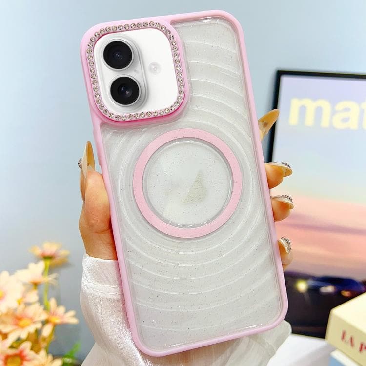 For iPhone 16 Transparent Glitter Starry Sky Top Diamond Frosted MagSafe Phone Case(Pink) - Immagine 1