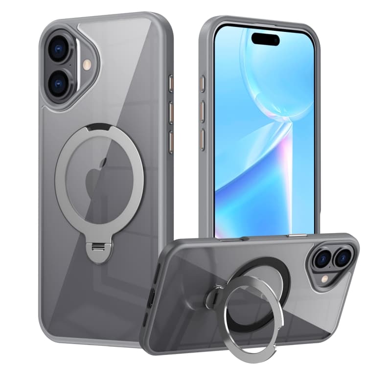 For iPhone 16 Transparent MagSafe Magnetic Rotating Ring Holder Phone Case(Grey) - Immagine 1