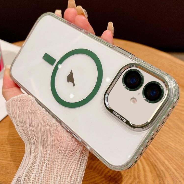 For iPhone 16 Transparent MagSafe Phone Case with Lens Film(Green) - Immagine 1