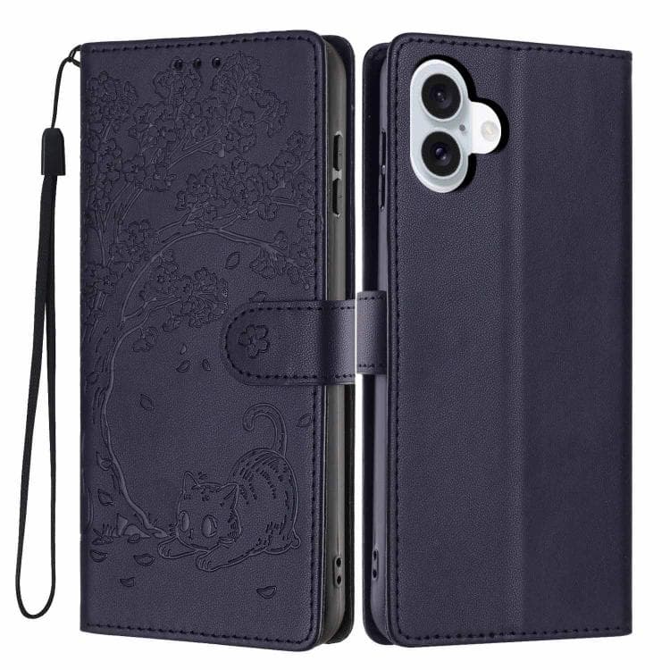 For iPhone 16 Tree Cat Embossed Flip Vegan Leather Phone Case(Dark Blue) - Immagine 1