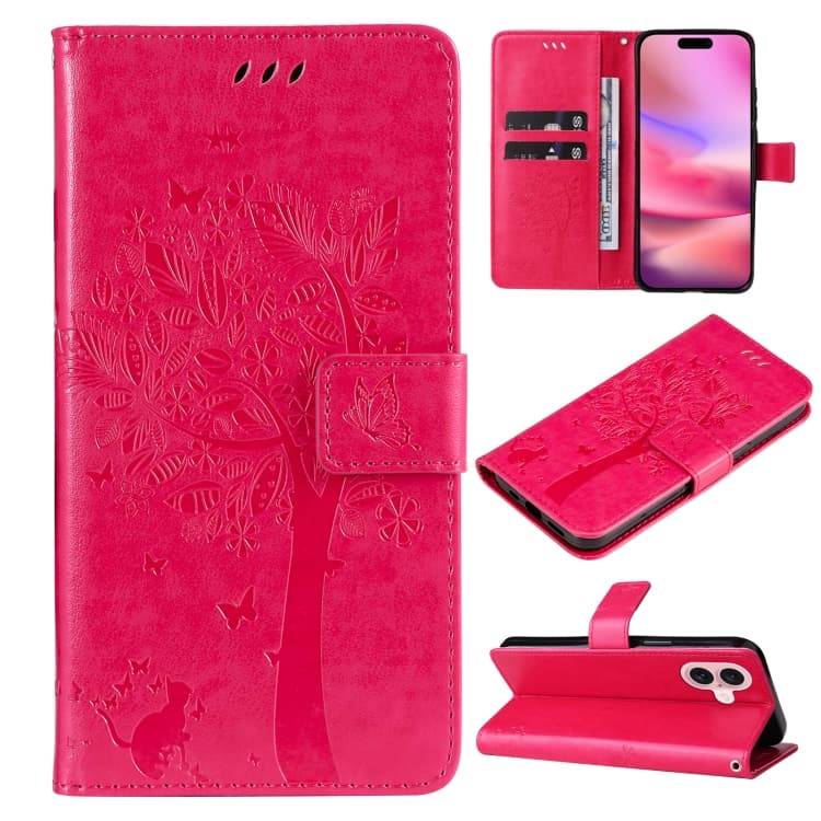 For iPhone 16 Tree & Cat Embossed Pattern Flip Leather Phone Case(Rose Red) - Immagine 1