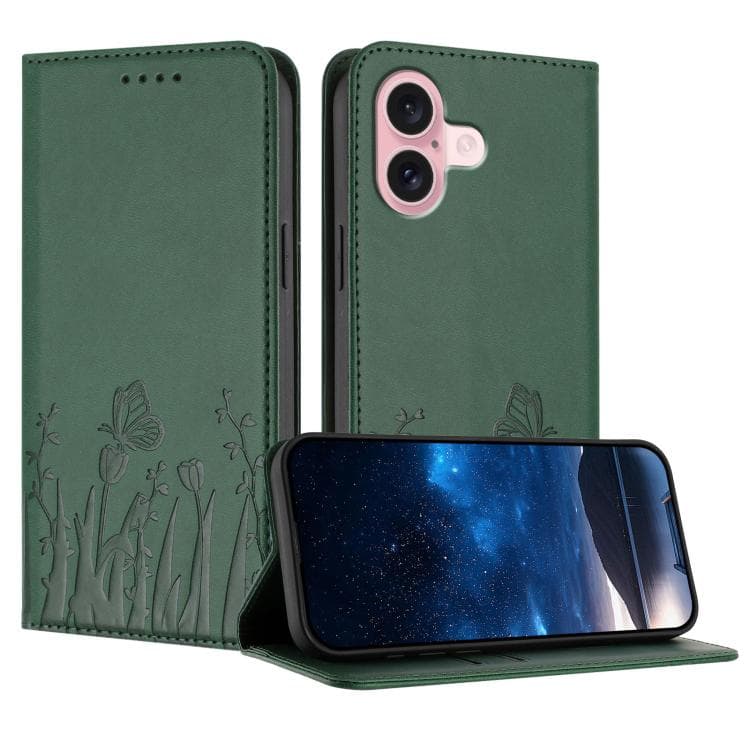 For iPhone 16 Tulips Butterfly Pattern Magnetic Vegan Leather Phone Case(Dark Green) - Immagine 1