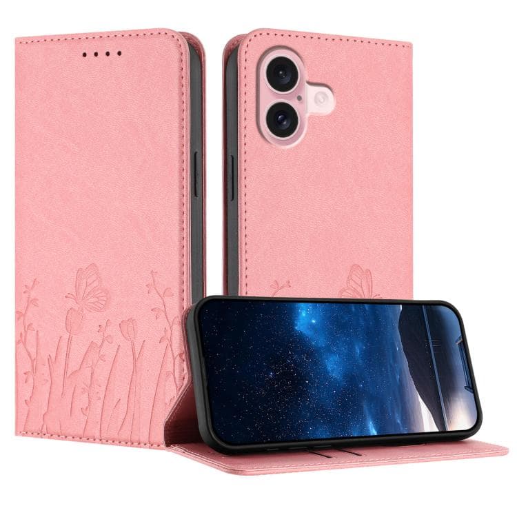 For iPhone 16 Tulips Butterfly Pattern Magnetic Vegan Leather Phone Case(Pink) - Immagine 1