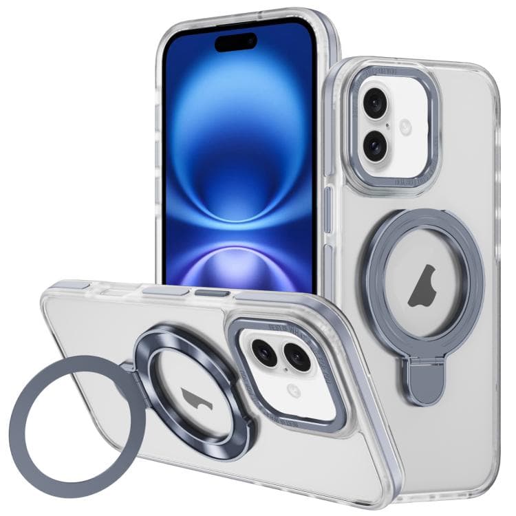 For iPhone 16 Two Color TPU Hybrid Acrylic MagSafe Magnetic Holder Phone Case(Grey) - Immagine 1