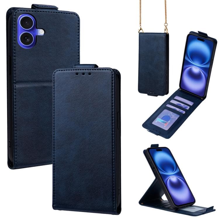For iPhone 16 Vertical Flip Cover Solid Color Vegan Leather Phone Case with Crossbody Chain(Blue) - Immagine 1
