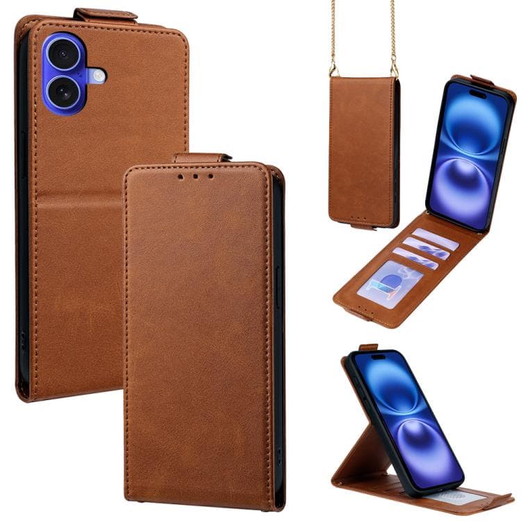 For iPhone 16 Vertical Flip Cover Solid Color Vegan Leather Phone Case with Crossbody Chain(Brown) - Immagine 1