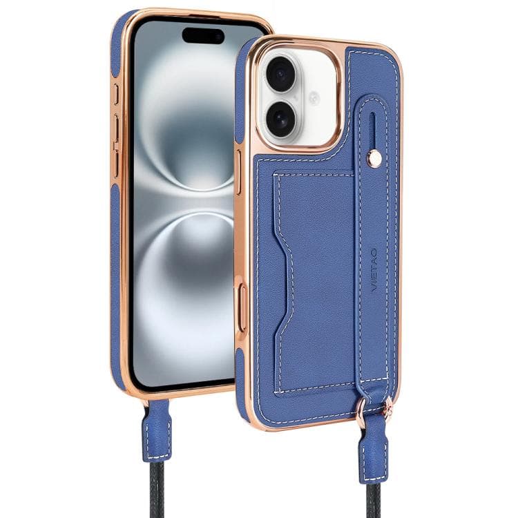 For iPhone 16 VIETAO Card Slot Wristband Phone Case with Lanyard(Blue) - Immagine 1