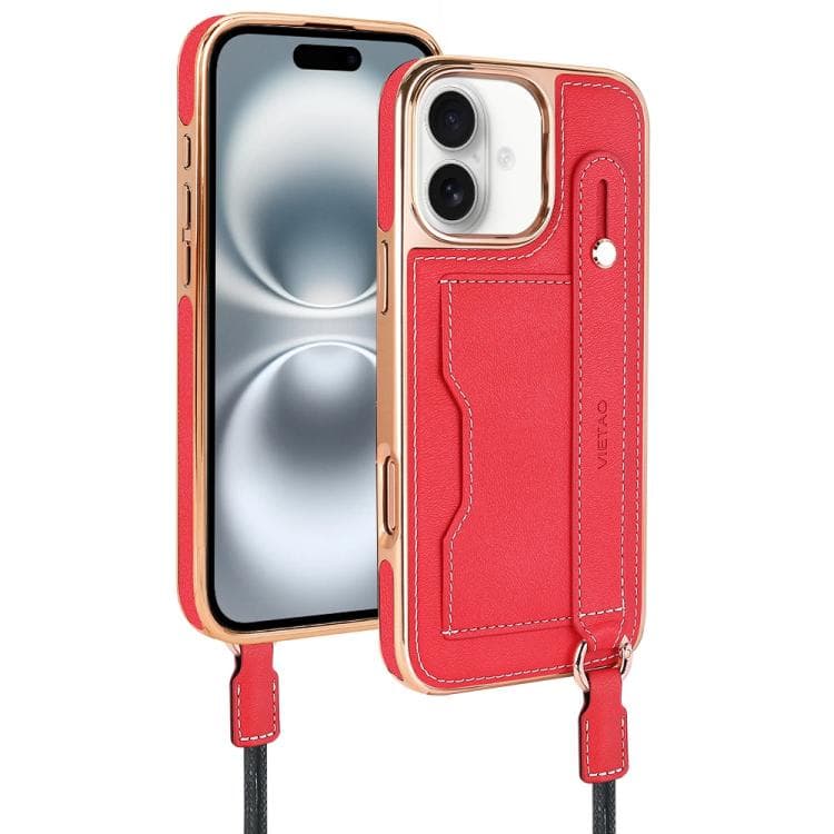 For iPhone 16 VIETAO Card Slot Wristband Phone Case with Lanyard(Red) - Immagine 1