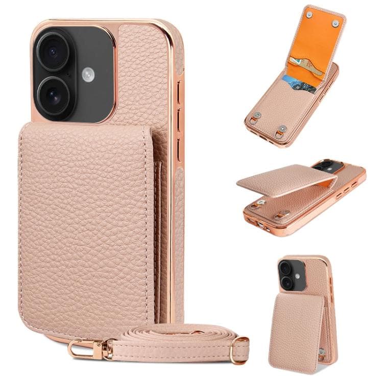 For iPhone 16 VIETAO Litchi Texture Wallet PU Phone Case with Lanyard(Pink) - Immagine 1